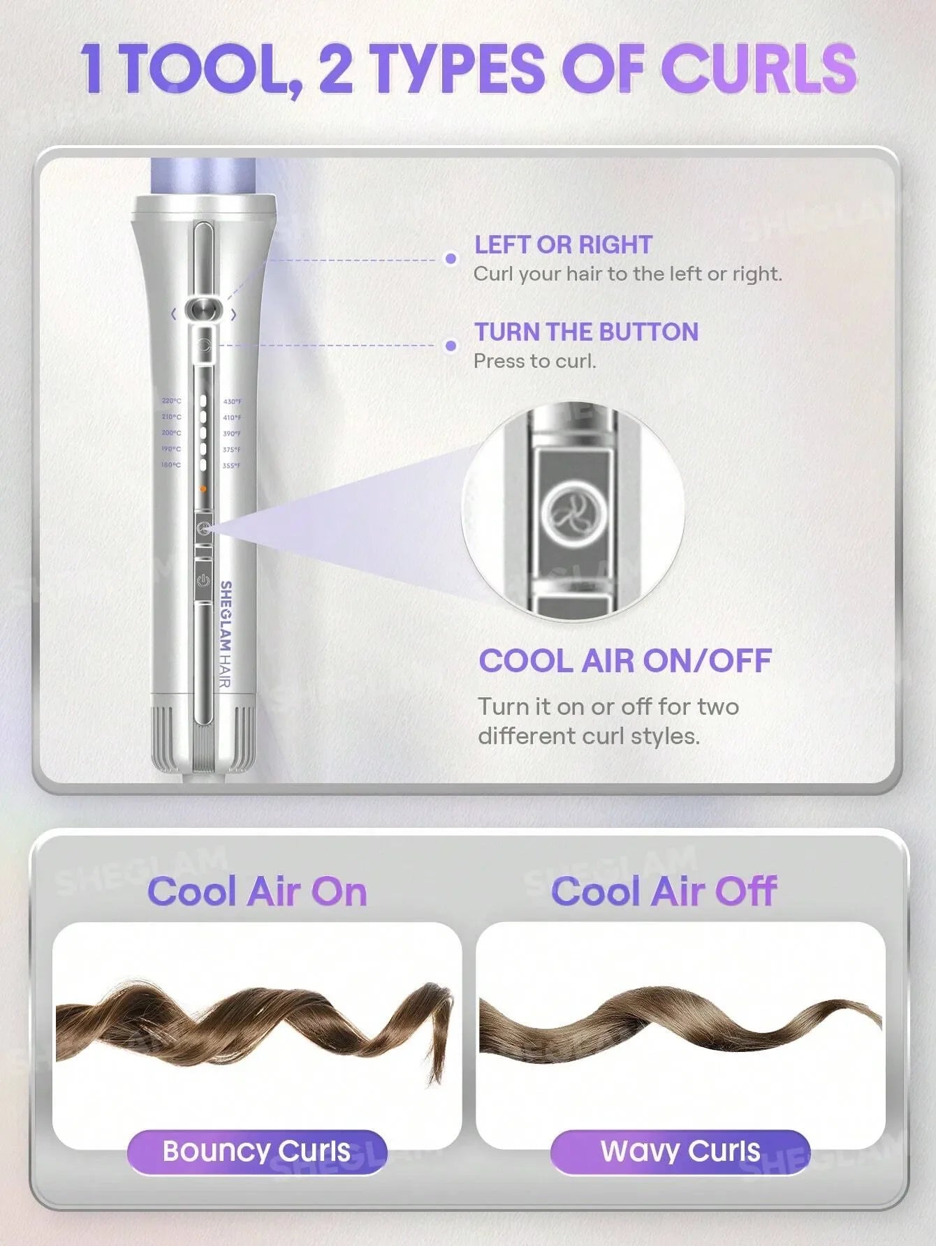 SHEGLAM - HAIR One Touch Airflow Styler Pro-25mm Silver-PurpleCool Air Auto-Rotating Curling Iron - Long
