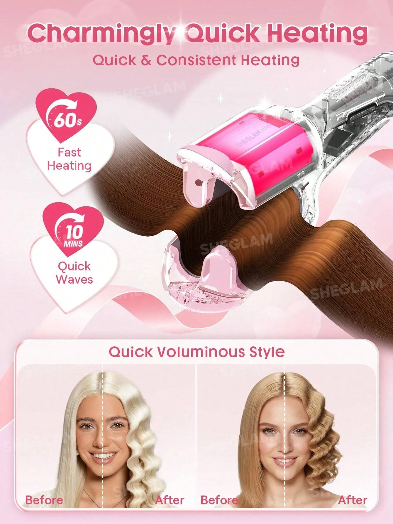 Sheglam - HAIR Cupid's Charm Beach Babe Hair Waver,Pink Ionic Hair Curler 19mm EU Plug