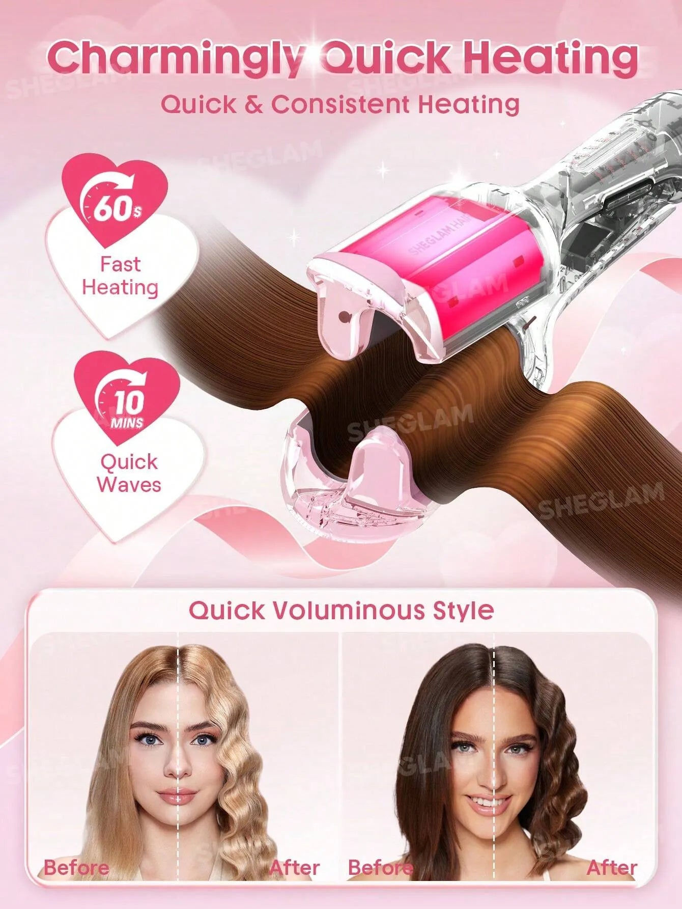 Sheglam - HAIR Cupid's Charm Beach Babe Hair Waver,Pink Ionic Hair Curler 25mm EU Plug