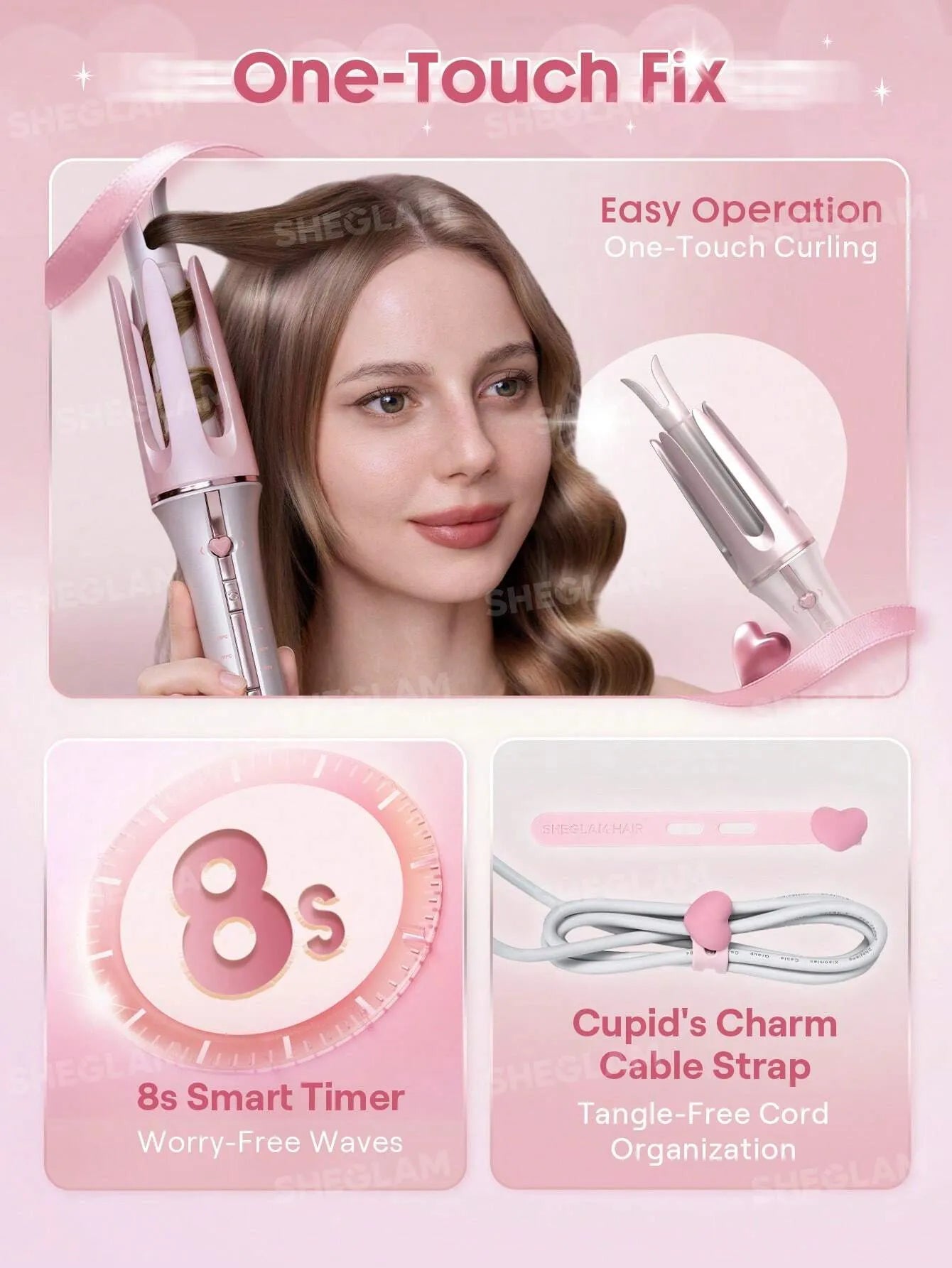 SHEGLAM Hair Cupid'S Charm One-Touch Instant Curler,Pink Automatic Curling Iron 25Mm Eu Plug
