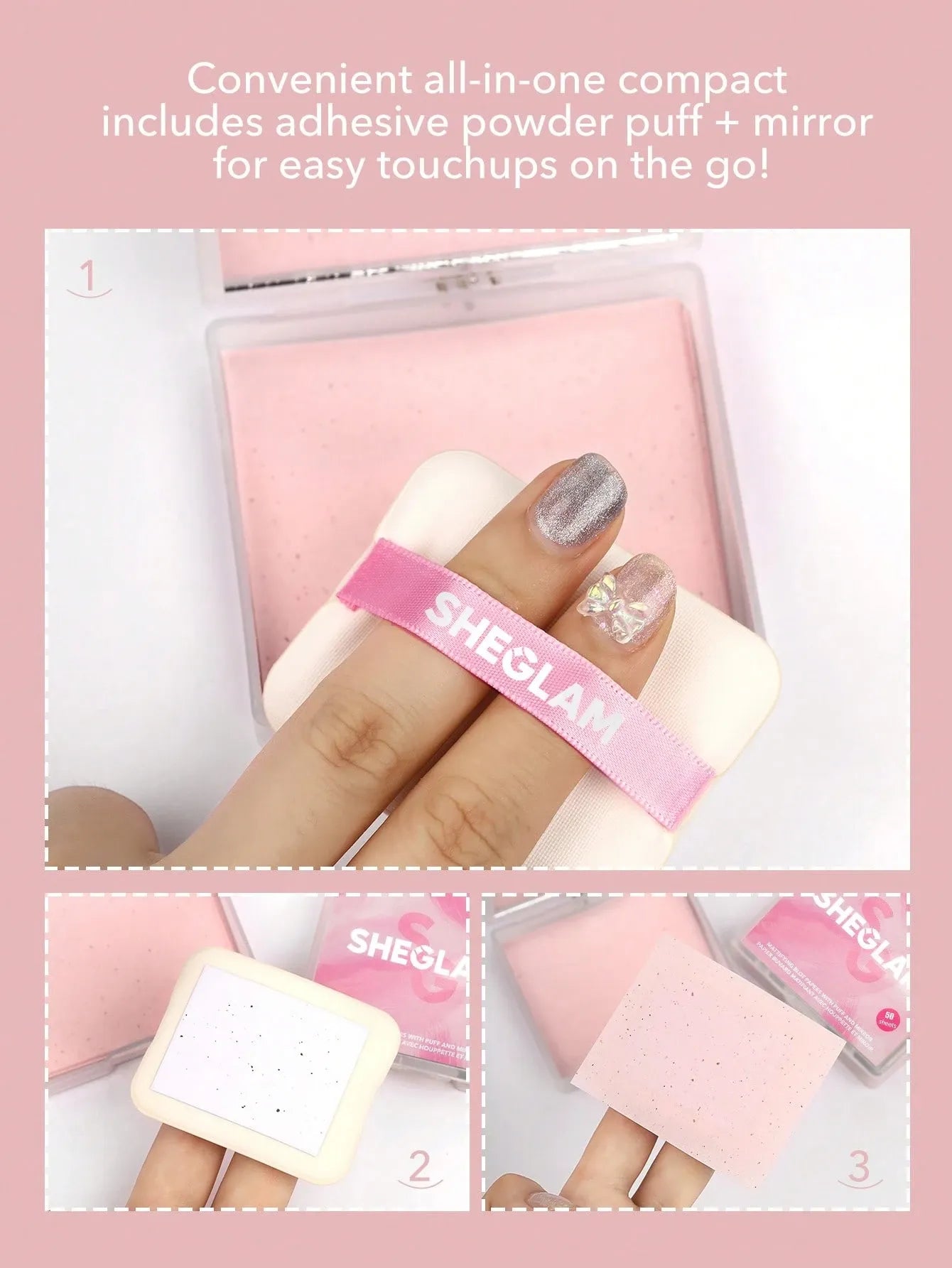 SHEGLAM - Mattifying Blot Papers With Puff And Mirror 50 Pcs-Rose Portable Oil Control Film Absorb Excess Oil Makeup Friendly